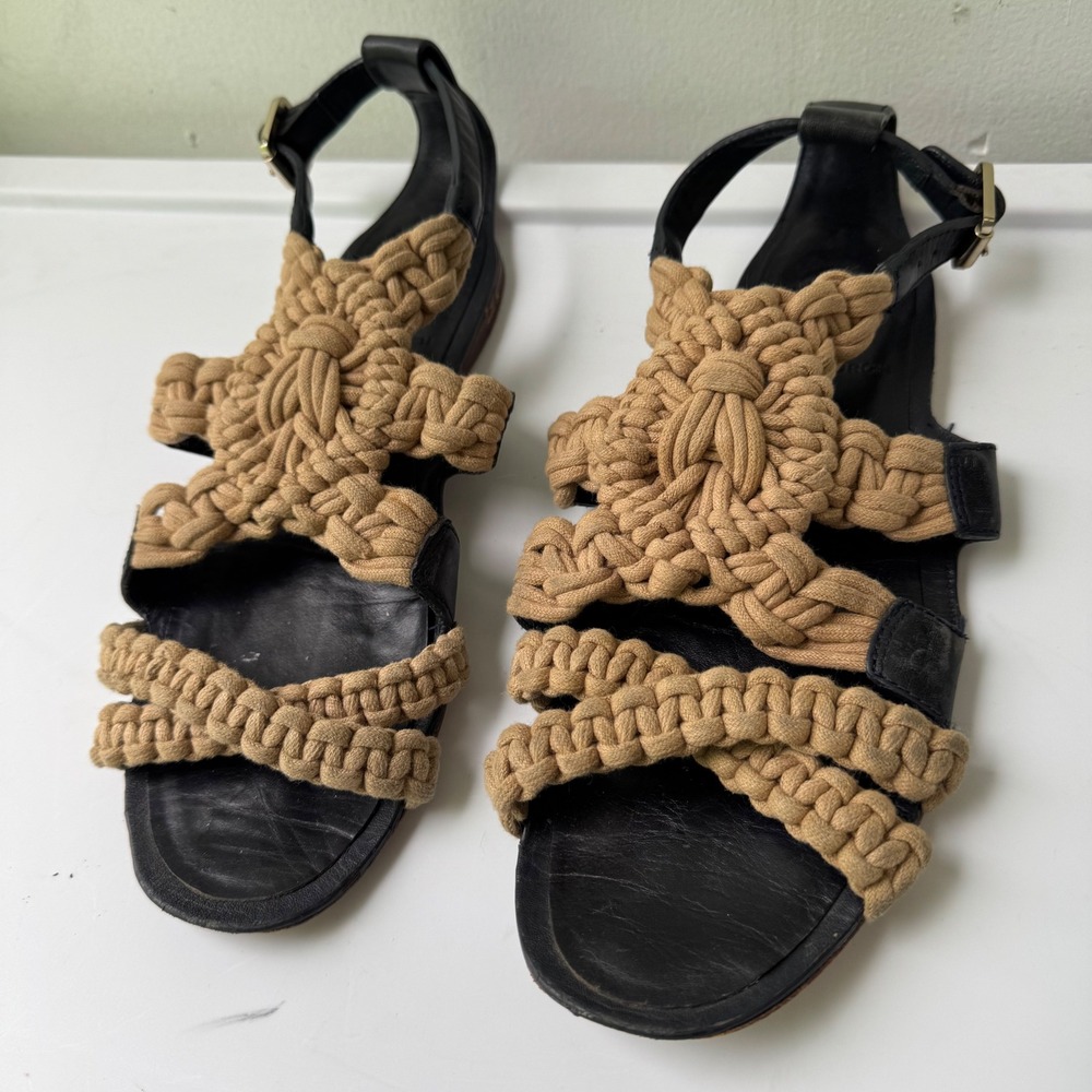 Tory Burch Sandals Macrame Leather Ankle Strap Flats Designer sz6 Leather Shoes